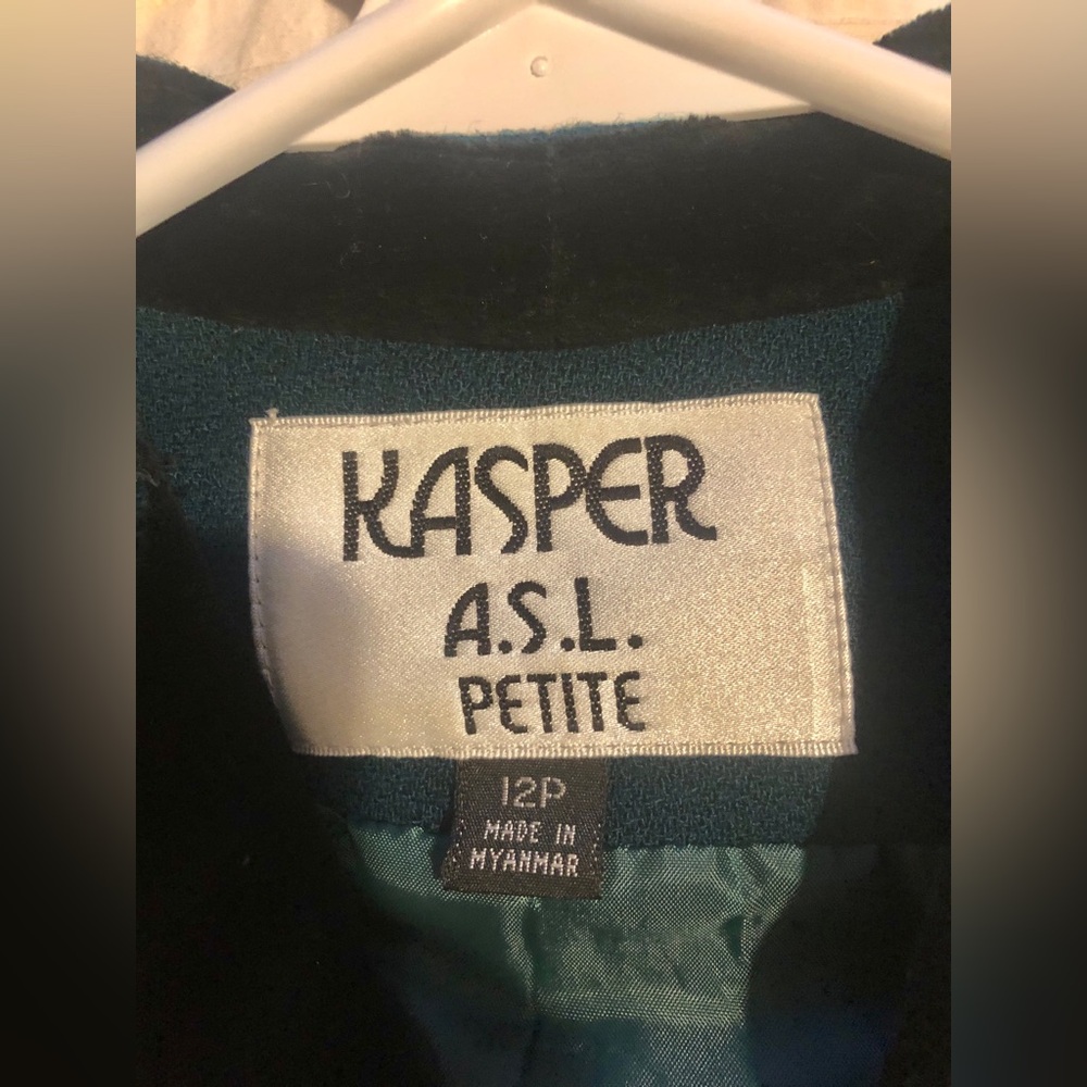 Kasper ASL Petite Vintage 90s Dark Green Blazer Black Velvet lapels Jacket 12P - Picture 7 of 11
